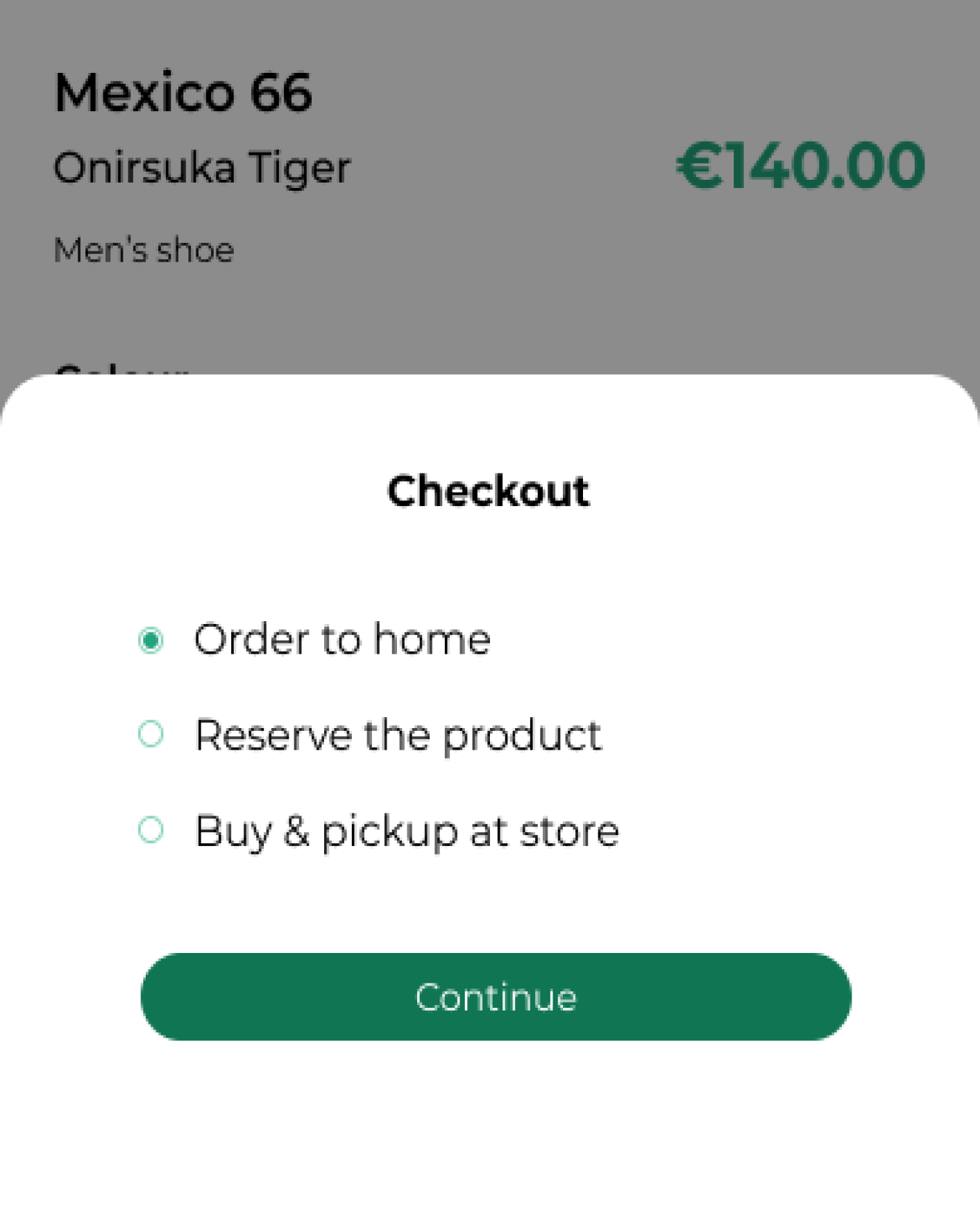 vesko's landing page image, screen showing checkout section with product details, price, order to home, reserve product, and buy and pick up at store options.